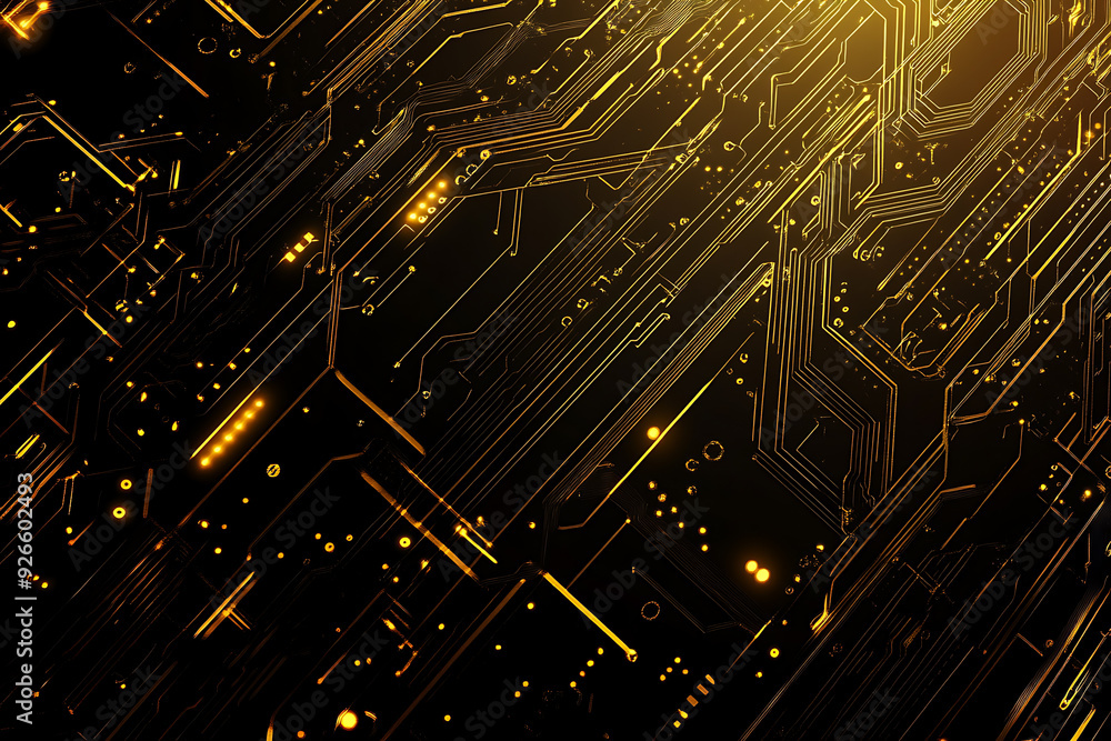 A modern abstract design featuring gold lines and dots representing network science and technology on a high-tech dark background. Ideal for templates, web design, and presentations A modern abstract design featuring gold lines and dots representing network science and technology on a high-tech dark background. Ideal for templates, web design, and presentations