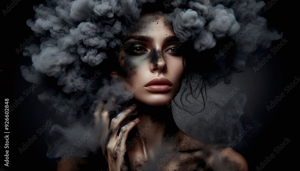 artistic photo of a woman whose face is covered in black smoke artistic photo of a woman whose face is covered in black smoke