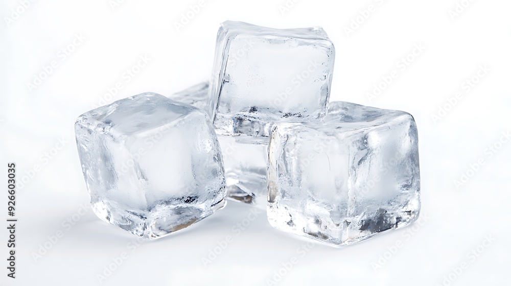 Four clear ice cubes isolated on a white background. Four clear ice cubes isolated on a white background.