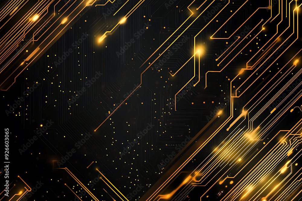 Fototapeta premium A modern abstract design with gold lines and dots symbolizing network science and technology on a high-tech dark background, perfect for templates, web design, and presentations. 