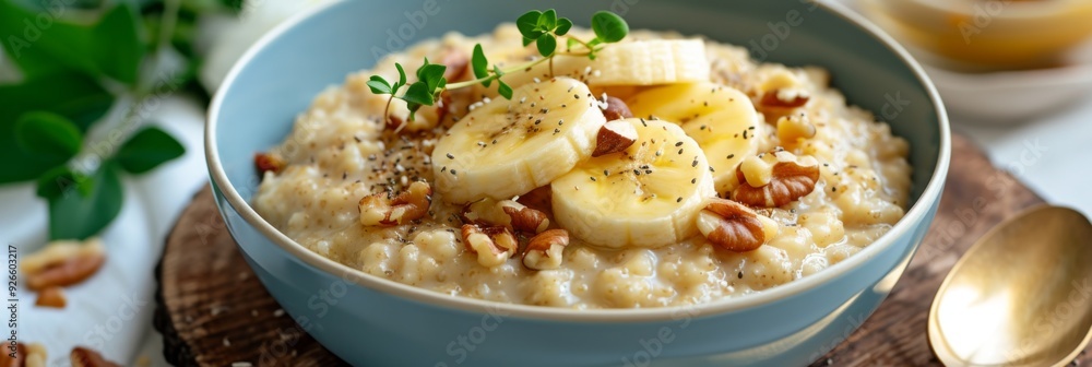 Bowl of oatmeal topped with fresh banana slices Bowl of oatmeal topped with fresh banana slices