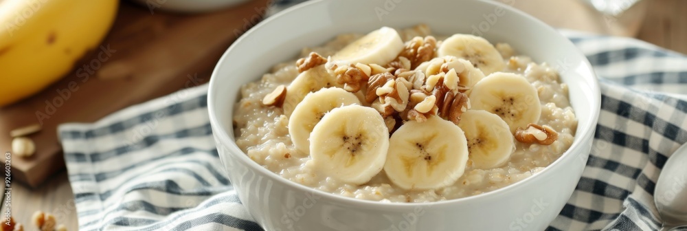 Bowl of oatmeal topped with fresh banana slices Bowl of oatmeal topped with fresh banana slices