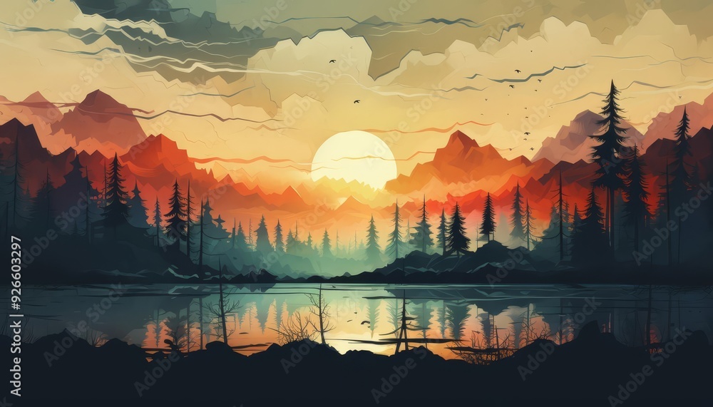 Obraz premium Raw nature photography flat design front view untouched wilderness watercolor Triadic Color Scheme
