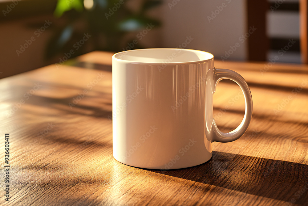 A white coffee mug mockup sits on a wooden table A white coffee mug mockup sits on a wooden table
