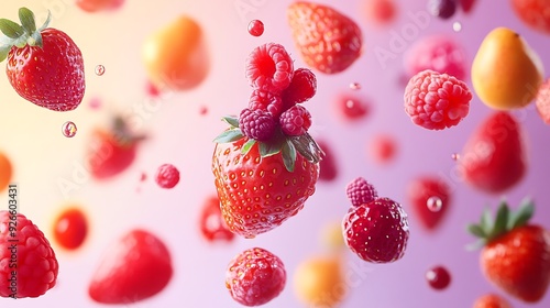 Fresh Strawberries and Raspberries Falling in Air