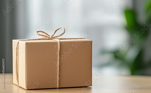 A simple, beautifully wrapped cardboard box tied with twine, perfect for gift giving or shipping ideas in a cozy environment.