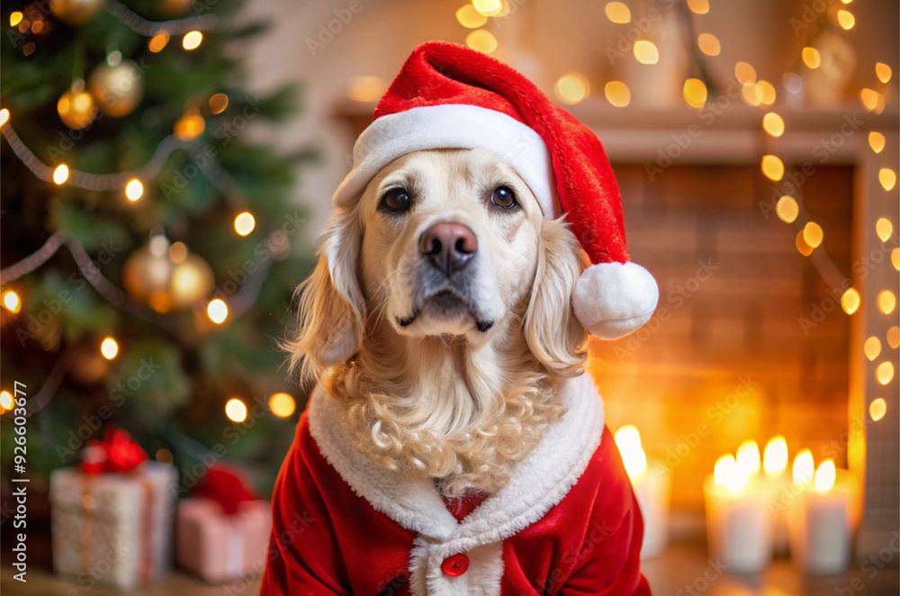 Golden retriever dog in santa claus hat sitting in front of fireplace with presents. Christmas card Golden retriever dog in santa claus hat sitting in front of fireplace with presents. Christmas card