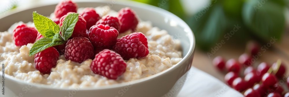 Bowl of creamy oatmeal topped with fresh raspberries and currants Bowl of creamy oatmeal topped with fresh raspberries and currants