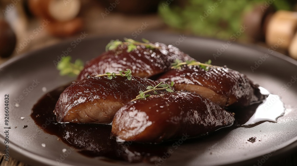 A plate of succulent duck breasts glazed in a rich, dark sauce and garnished with fresh thyme sprigs, symbolizing gourmet dining, culinary artistry, flavorful cuisine, and elegant presentation. A plate of succulent duck breasts glazed in a rich, dark sauce and garnished with fresh thyme sprigs, symbolizing gourmet dining, culinary artistry, flavorful cuisine, and elegant presentation.