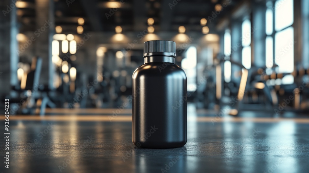 A minimalist, dark bottle captures attention in a contemporary fitness center, surrounded by blurred workout equipment and natural light filtering through large windows A minimalist, dark bottle captures attention in a contemporary fitness center, surrounded by blurred workout equipment and natural light filtering through large windows