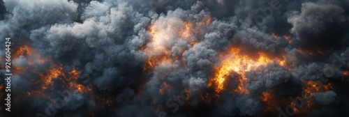 A powerful explosion with intense flames and dense, billowing smoke clouds, symbolizing destruction, chaos, energy, power, and danger.