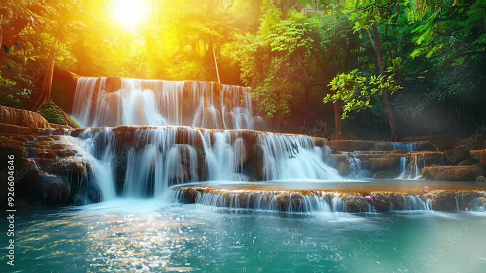 rainforest misty waterfalls and river landscape at vibrant sunlight, video HD rainforest misty waterfalls and river landscape at vibrant sunlight, video HD