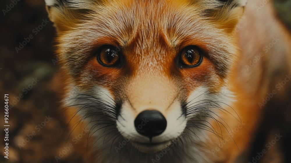 Fototapeta premium A red fox stares directly at the camera with curiosity and alertness, showcasing its vibrant fur, sharp eyes, and endearing facial features. This image embodies the fox's intelligence, wild nature, an