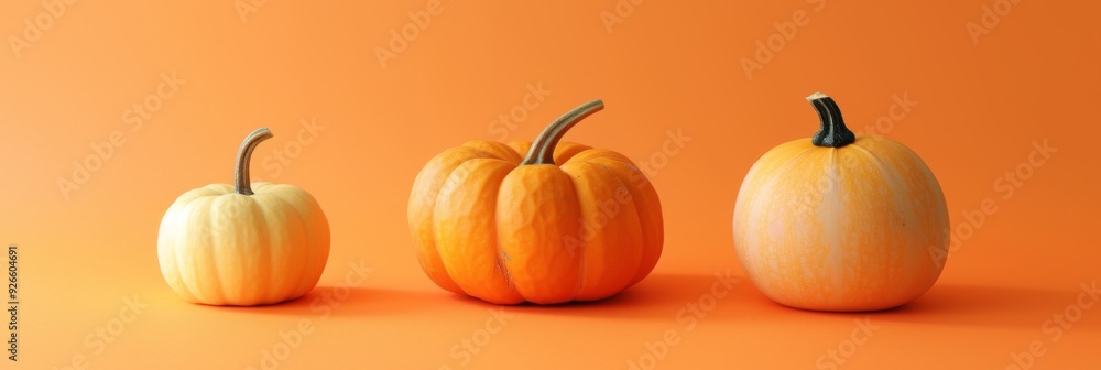 Three pumpkins of varying sizes arranged on an orange background Three pumpkins of varying sizes arranged on an orange background