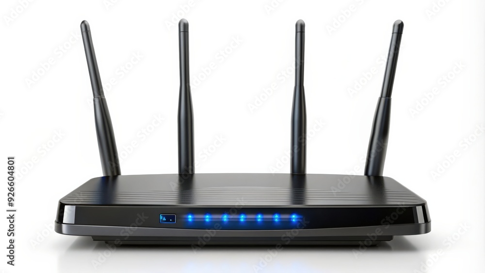 Wireless wi-fi black router with two antennas and blue indicator, wireless, wi-fi, router, antennas, blue Wireless wi-fi black router with two antennas and blue indicator, wireless, wi-fi, router, antennas, blue