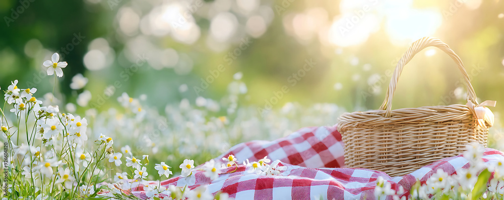 A serene outdoor scene featuring an empty wicker basket placed on a red-and-white checkered picnic blanket. A serene outdoor scene featuring an empty wicker basket placed on a red-and-white checkered picnic blanket.