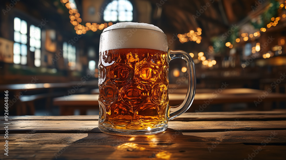 Close-up of a huge glass stein mug filled with beer on a wooden table on old pub background Close-up of a huge glass stein mug filled with beer on a wooden table on old pub background