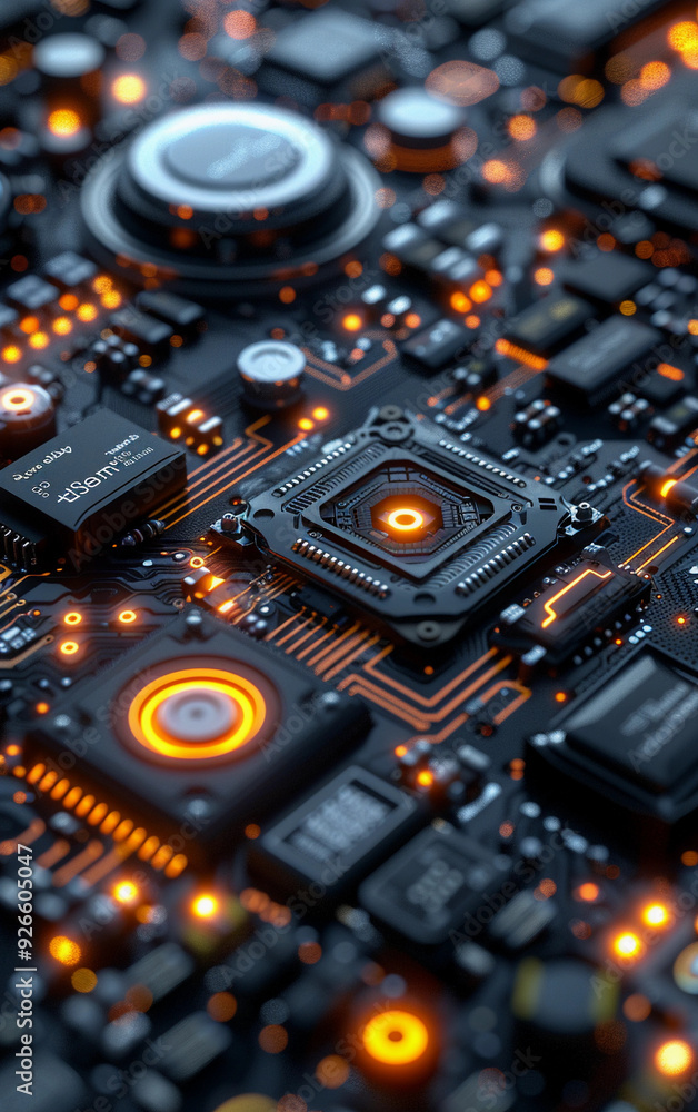 A close up of a computer chip with a glowing orange center. The image is a representation of the inner workings of a computer chip. Concept of complexity and sophistication A close up of a computer chip with a glowing orange center. The image is a representation of the inner workings of a computer chip. Concept of complexity and sophistication