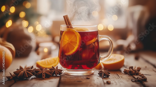  mug filled with steaming mulled wine, garnished with orange slices and star anise on top, placed on rustic wooden table