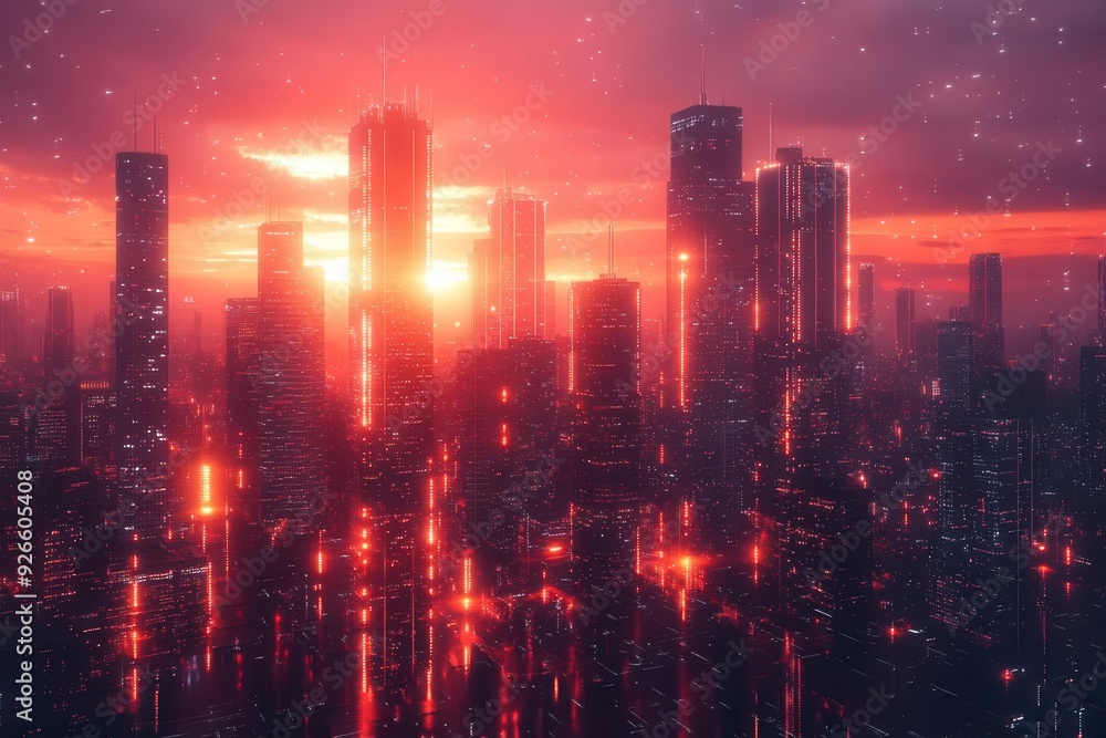Obraz premium futuristic digital cityscape glowing energy grid floating data streams geometric patterns scifi atmosphere