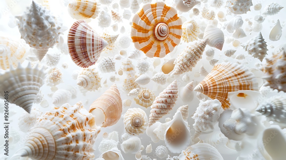 An array of seashells of various shapes, sizes, and colors against a white background. An array of seashells of various shapes, sizes, and colors against a white background.