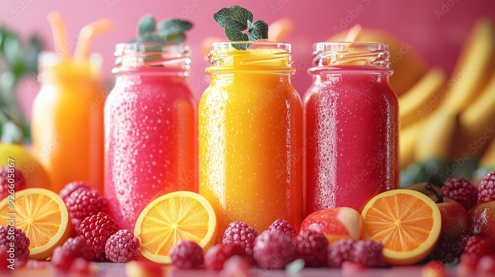 Freshly squeezed juices, vibrant liquids in glass jars. Freshly squeezed juices, vibrant liquids in glass jars.