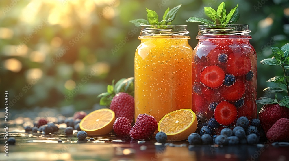 Freshly squeezed juices, vibrant liquids in glass jars. Freshly squeezed juices, vibrant liquids in glass jars.