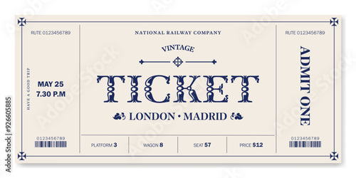 Vintage style ticket template for any event on light background. For excursion routes, retro parties, clubs and other projects. Just add your text. Vector, printable.