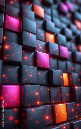 A colorful wall of squares with a black background. The squares are in different colors and sizes, and they are lit up with bright lights. Scene is energetic and vibrant, with the colors