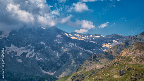 View of the mountain around Col de Nivolet, an alpine pass between the Orco Valley (Piedmont) and Valsavarenche (Aosta Valley), in the Gran Paradiso National Park, near the Italian-French border.