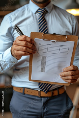 Business Professional Holding Clipboard with Document in Office Environment photo