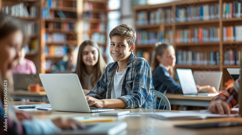 Smiling Boy Using Laptop in School Library with Classmates