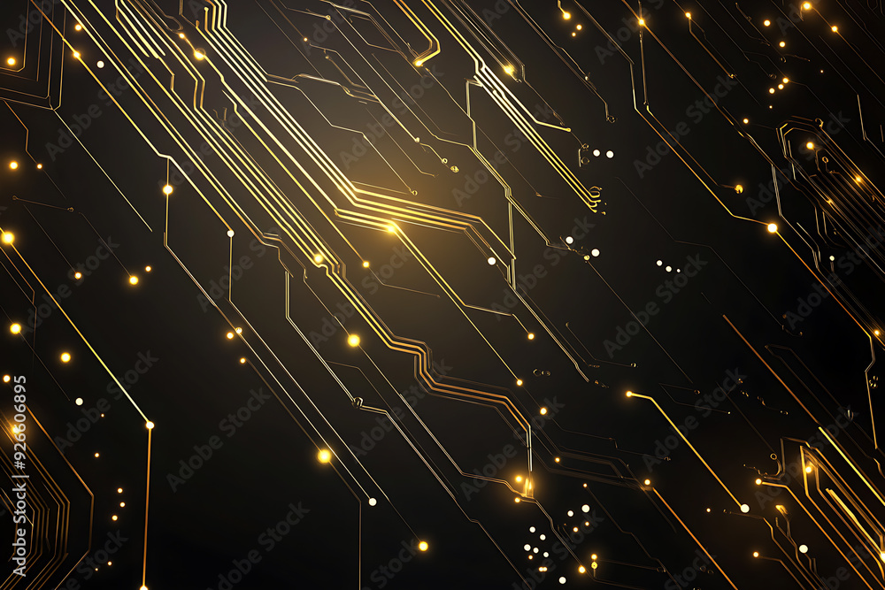 Fototapeta premium A modern abstract design featuring gold lines and dots representing network science and technology on a high-tech dark background. Ideal for templates, web design, and presentations