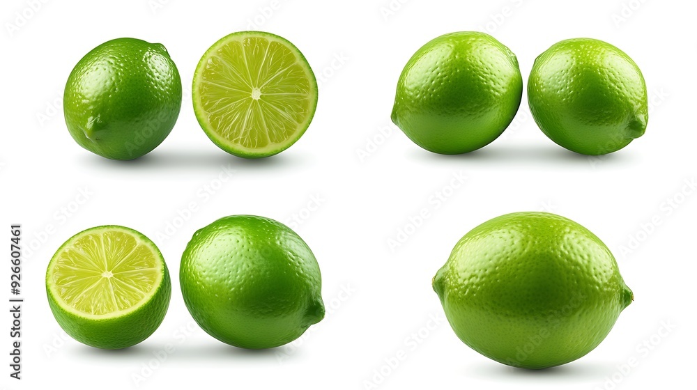 Four green limes, two whole and two halved, isolated on white background. Four green limes, two whole and two halved, isolated on white background.