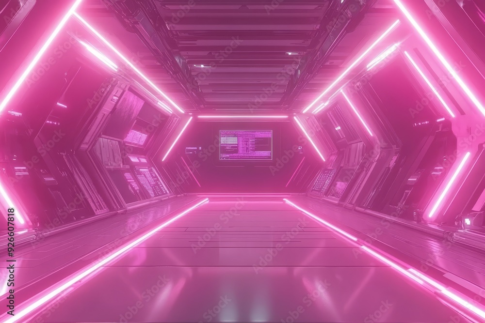 Futuristic hexagonal corridor with glowing pink neon lights and computer displays. Futuristic hexagonal corridor with glowing pink neon lights and computer displays.