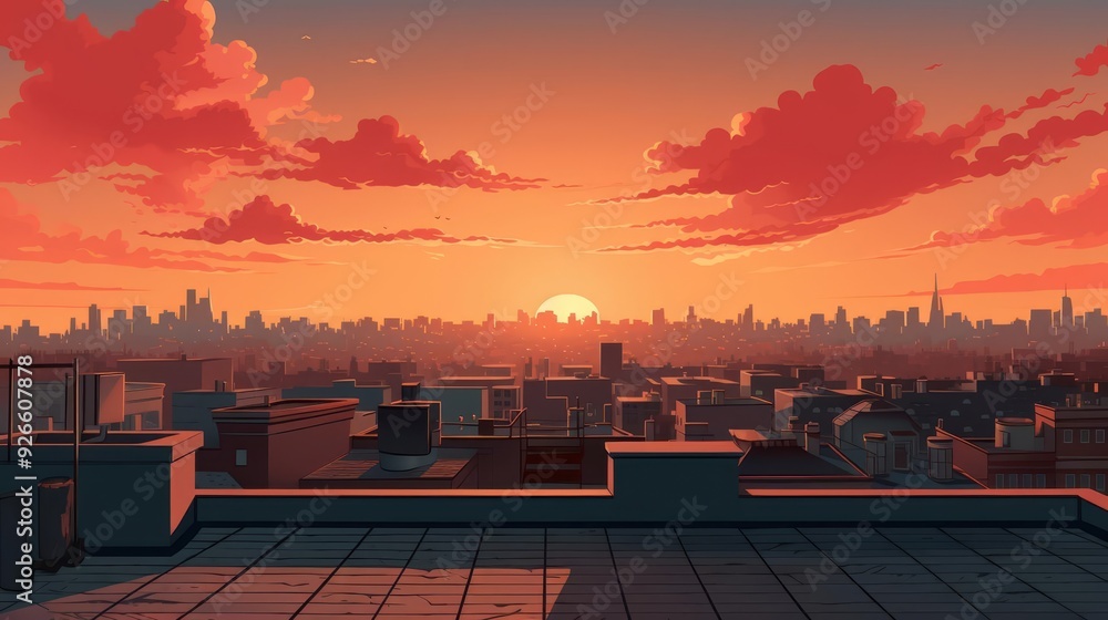 Fototapeta premium Rooftop background with sunset, flat design, top view, urban theme, cartoon drawing, vivid