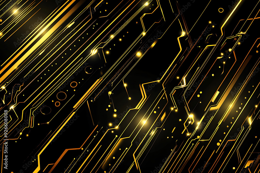 A modern abstract design featuring gold lines and dots representing network science and technology on a high-tech dark background. Ideal for templates, web design, and presentations A modern abstract design featuring gold lines and dots representing network science and technology on a high-tech dark background. Ideal for templates, web design, and presentations