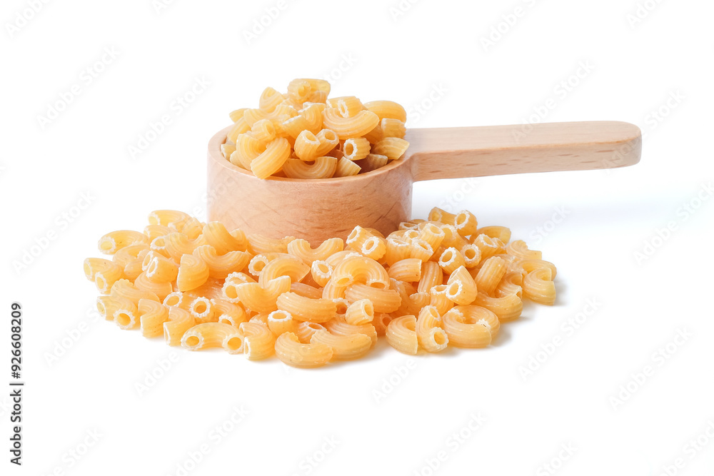 Macaroni pasta close up on white background.