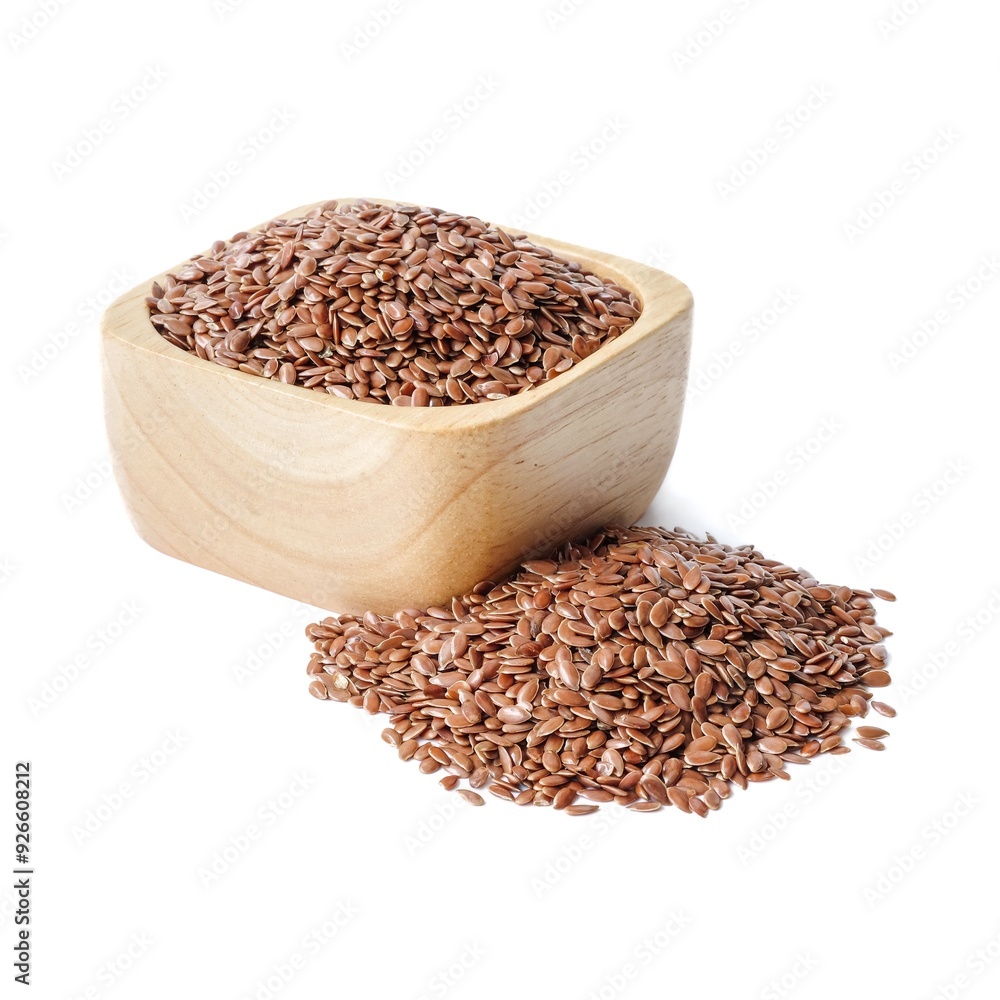 Flax seed in wooden bowls close up on white background.