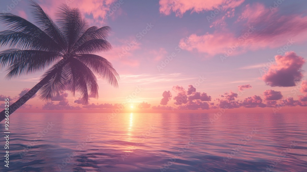 A tranquil scene depicting a lone palm tree silhouetted against a vibrant pink sunset over a calm ocean, symbolizing peace, tranquility, vacation, and tropical paradise. A tranquil scene depicting a lone palm tree silhouetted against a vibrant pink sunset over a calm ocean, symbolizing peace, tranquility, vacation, and tropical paradise.