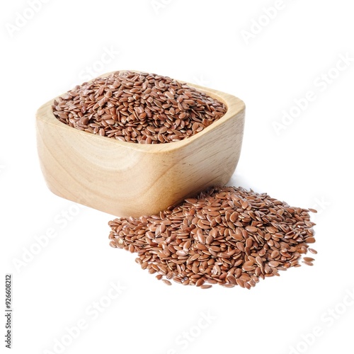 Obraz na płótnie Flax seed in wooden bowls close up on white background. w salonie