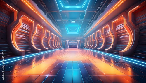 arena empty background corridor basketball space neon hall game tunnel interior indoor. Generative AI.