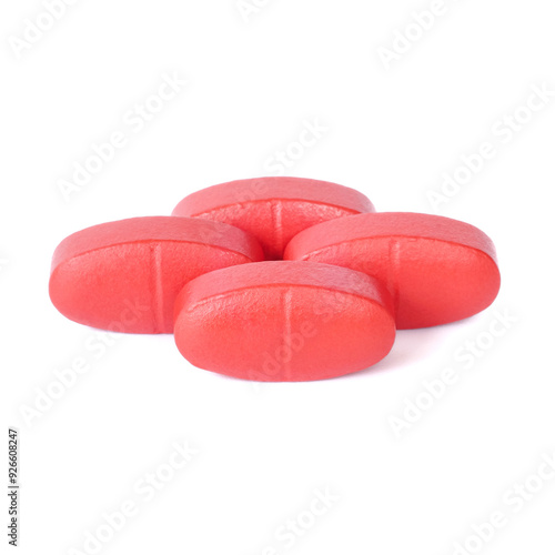 Obraz na płótnie Red oral medication tablets close up on white background. w salonie