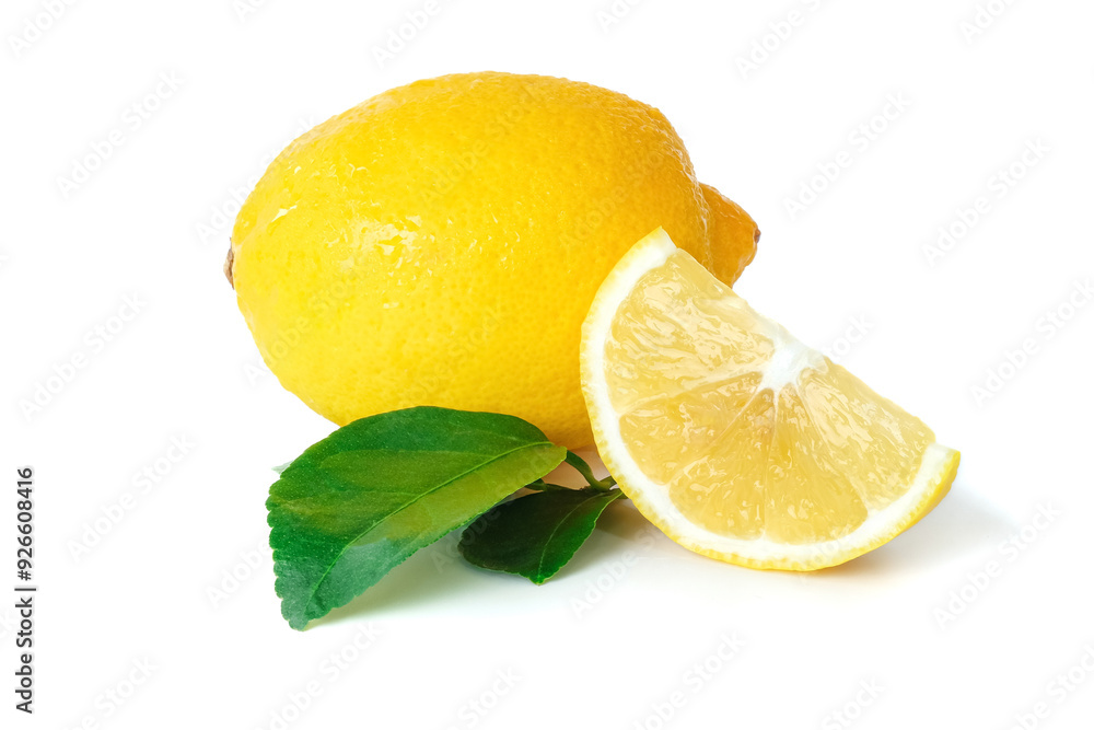 Lemon with leaves close up on white background.
