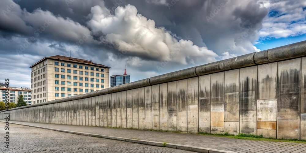 Fototapeta premium Front view of the original Berlin Wall at the Berlin Wall Memorial on a cloudy day