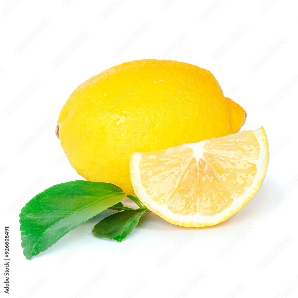 Lemon with leaves close up on white background.