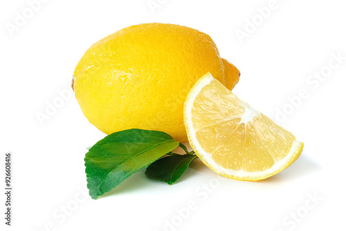 Obraz na płótnie Lemon with leaves close up on white background. w salonie