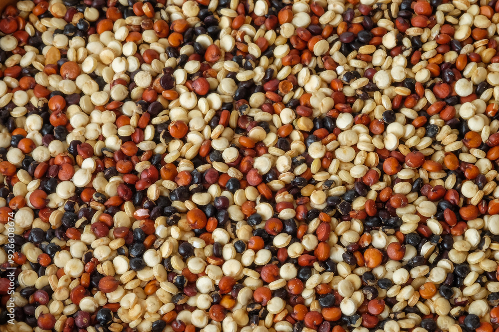 Quinoa seeds close up on background.