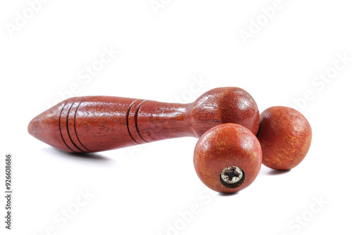 Massage wooden tools close up on white background.