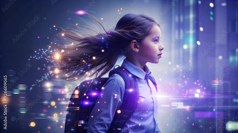 Magical school journey begins with glowing backpacks and cityscape illuminating young students' path Magical school journey begins with glowing backpacks and cityscape illuminating young students' path